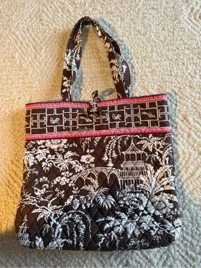Vera Bradley Tote Bag Imperial Toile Brown Pink Trim Quilted Cotton Retired Vtg
